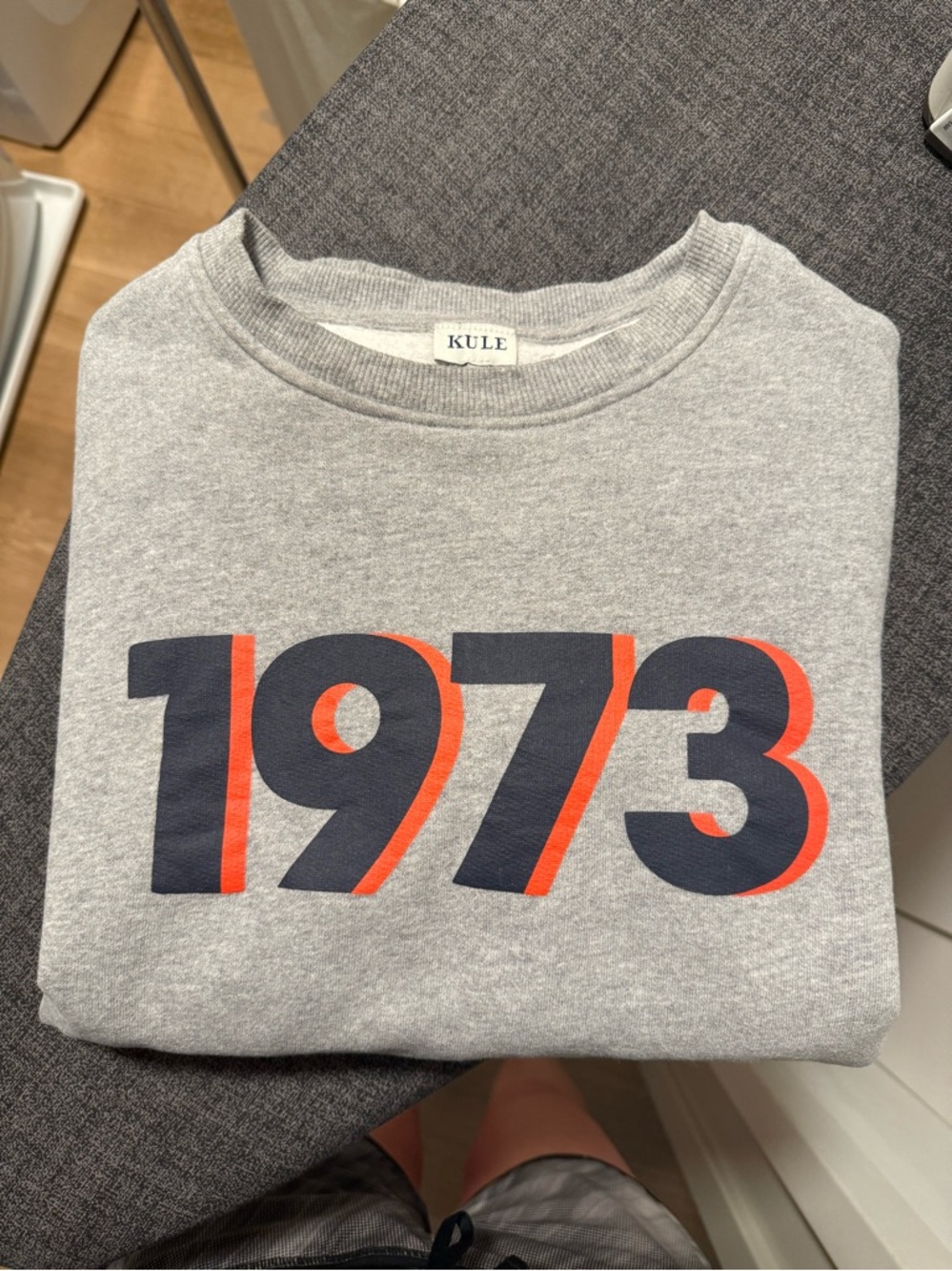 KULE Gray Crewneck Sweatshirt with Navy and Red '1973' Graphic